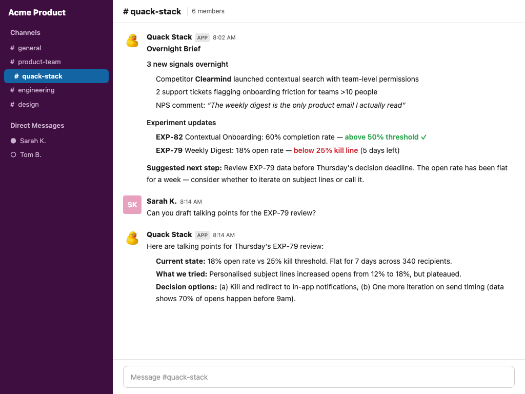 Slack channel showing Quack Stack morning brief with overnight signals experiment updates and suggested next steps