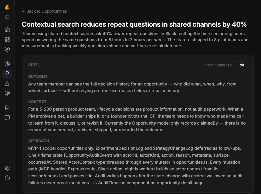 Opportunity detail in measuring state with spec, assessment sidebar, and validation journey