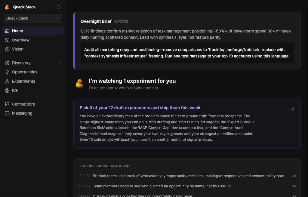 Quack Stack dashboard showing an overnight brief with experiment tracking and features being measured